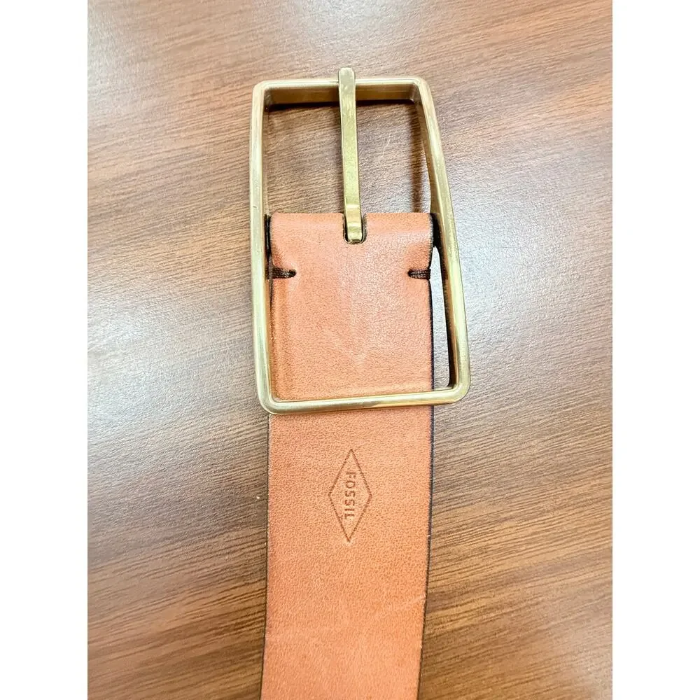 Fossil Leather Belt Brass Buckle Classic Casual Brown Medium 40 Inch READ